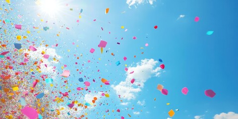 A colorful burst of confetti exploding in the air against a bright blue sky during a music festival, with concert-goers in the background, capturing the energy and fun of live events and festivals