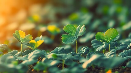Young Clover Leaves on Soil Illuminated by Golden Sunrise : Generative AI