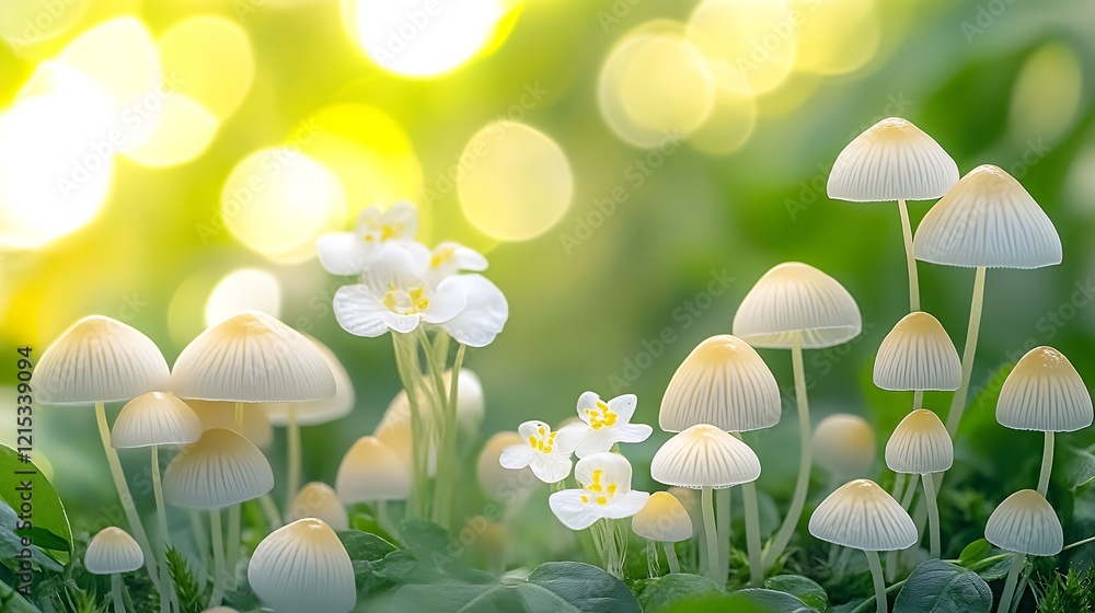 Poster enchanting forest with white mushrooms and soft sunlight in morning : generative ai
