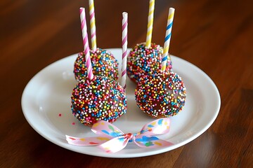 A cute birthday plate with cake pops sprinkles and a ribbon tied around the plate
