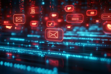 Obraz premium Glowing red icons float above blue lights.