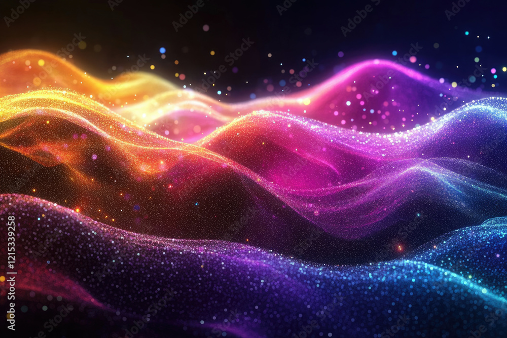 Poster abstract colorful particle waves flowing, glittering in dark background. vivid, vibrant, dynamic.