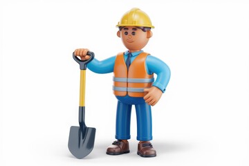 A 3D cartoon construction worker in a hard hat and safety vest holds a shovel.