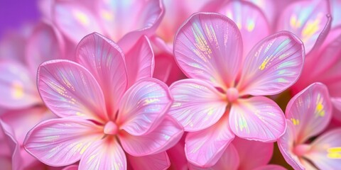 Delicate petals of iridescent flowers against a vibrant background, soft focus effect, modern art style, ethereal beauty