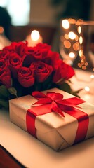 Obraz premium Intimate Candlelit Dinner Setup with Red Roses and Wrapped Gift on Table : Generative AI