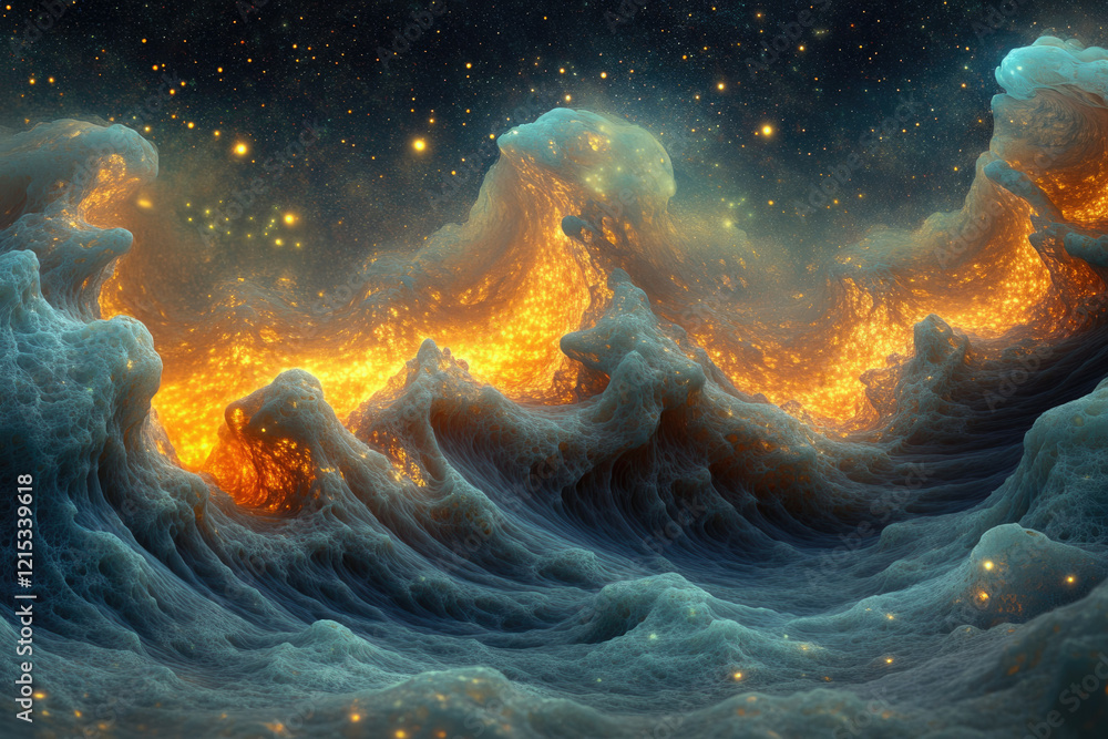 Poster a mesmerizing fractal landscape depicting fiery, celestial waves under a starry sky.