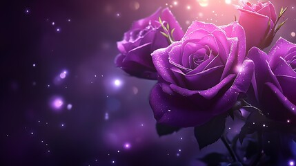 Vibrant Purple Blossoming Roses with Shimmering Light and Dew : Generative AI