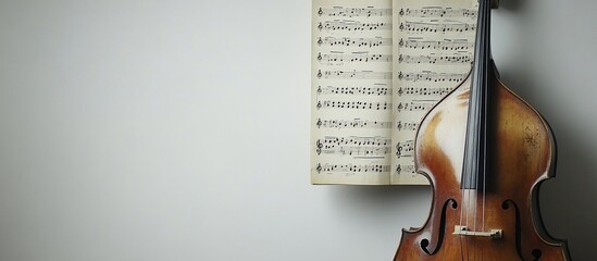 Naklejka premium Double bass rests against sheet music on white wall