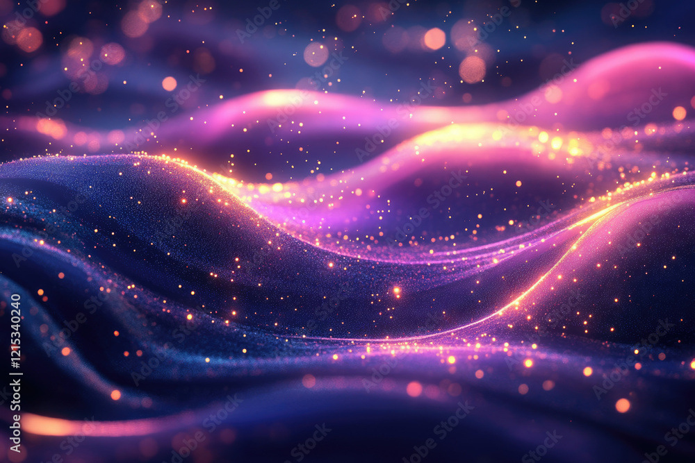 Poster Glowing particles form undulating waves of purple and pink, creating a mesmerizing abstract background.