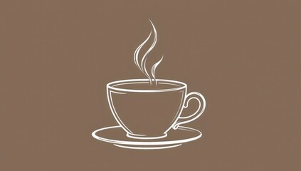 Obraz premium Minimalist Line Drawing of Coffee Cup on Brown Background. Ideal for cafe branding, menu designs, decor in spaces