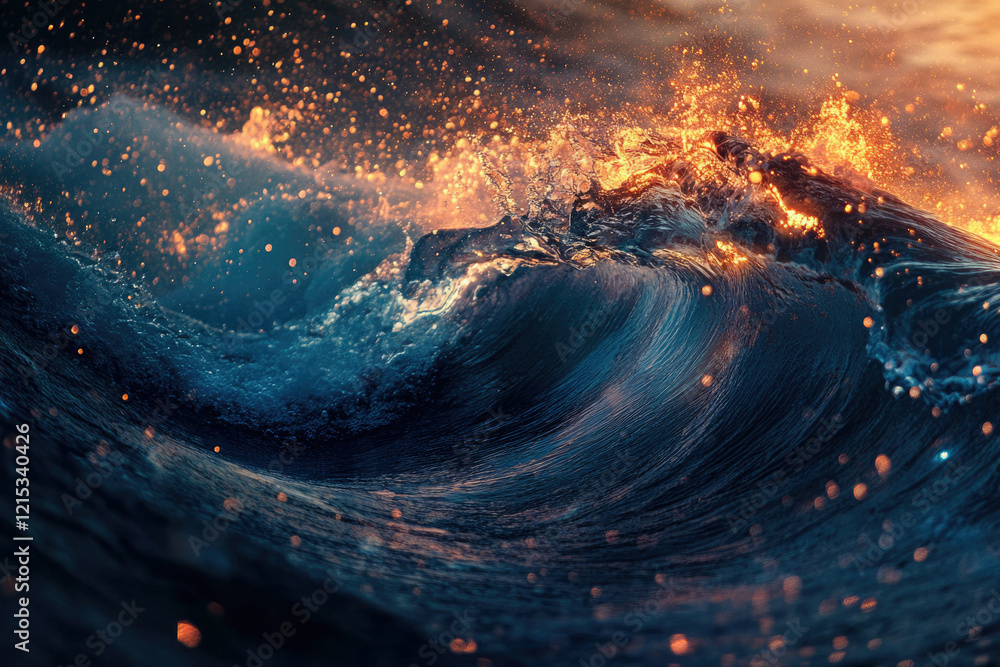 Poster a mesmerizing ocean wave at sunset, illuminated with golden sparkles, creating a breathtaking scene.