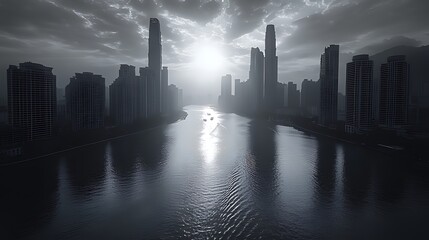 Cityscape sunrise river boats hazy sky urban design