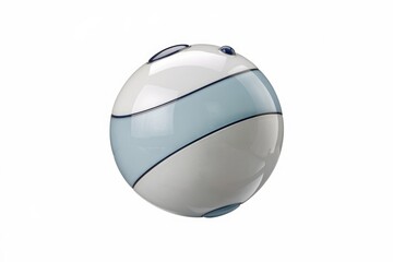 A sleek, spherical object with a light blue and white design, possibly a futuristic technology or decorative item.
