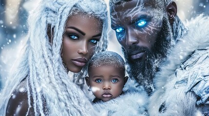 portrait photography Up-close of Three breathtaking African Americas. A stunning Woman, A handsome and an Adorble baby. A family portrait