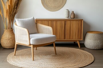 Neutral concept of living room interior with design wooden chair, round carpet, stool, cabinet, slippers, decoration and elegant personal accessories. Template. Copy space.