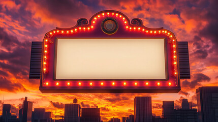 Blank Marquee Sign  Cityscape Sunset  Urban Billboard