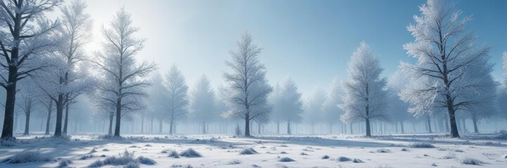 Obraz premium Frosty landscape with snow-covered trees in a cool blue hazy atmosphere, frosty landscape, cold winter scene