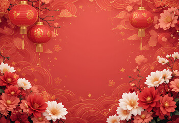 Elegant Chinese New Year with Red Lanterns and Festive Blossoms on a Red Background