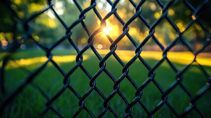Fototapeta premium Close-up of a chain link fence with the sun setting in the background. Green grass and trees