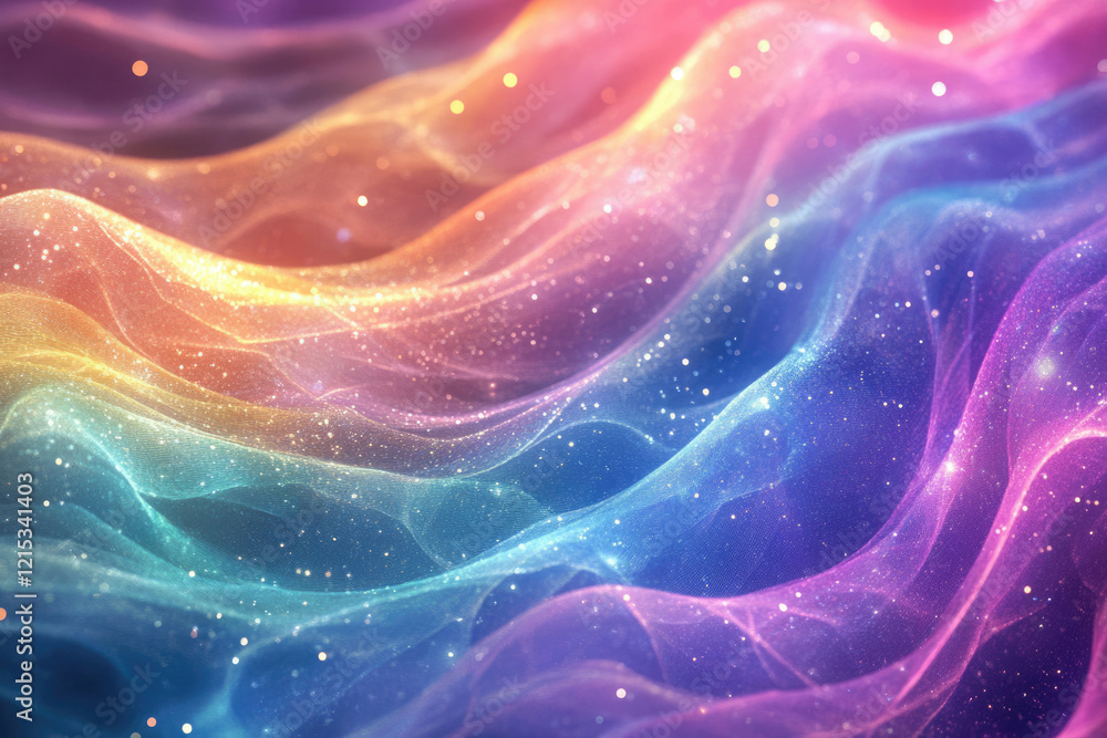 Aufkleber Abstract rainbow fabric with glittering texture, creating a dreamy, ethereal and colorful wave pattern.