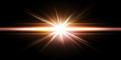 A powerful, high-contrast lens flare with sharp lines of white and orange light radiating from a dark central point, suitable for sports, automotive, or adventure-based campaigns