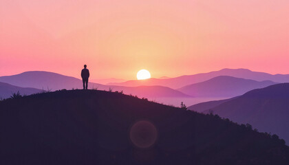 Fototapeta premium Lone figure gazing at sunrise over rolling hills, tranquility in nature