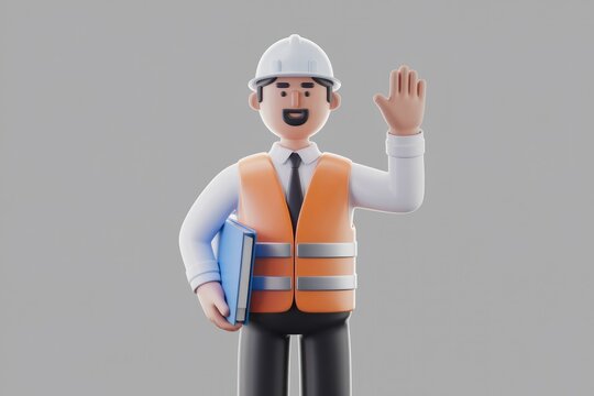 A 3D cartoon engineer waves, holding a folder, conveying a message of project completion or readiness.