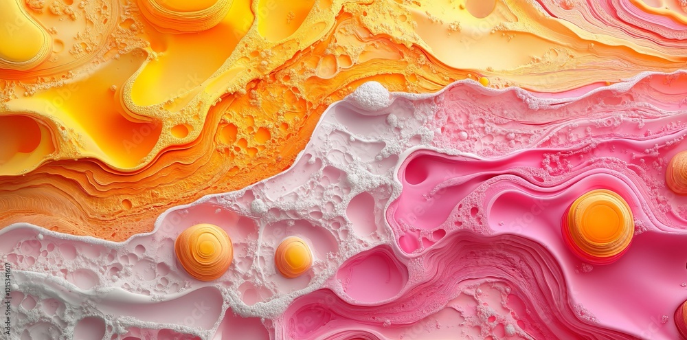 Poster an abstract background imbued with lush colors and organic patterns, where mesmerizing waves ripple 