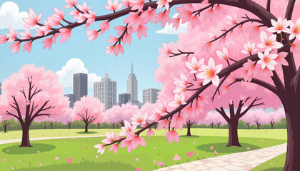 Cherry blossom branch in urban park, springtime serenity