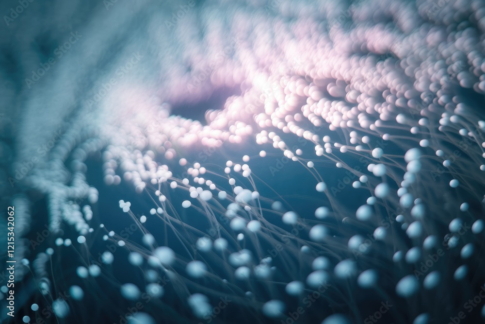 Poster abstract image of numerous slender stems with glowing white bulbous tips, resembling a bioluminescen