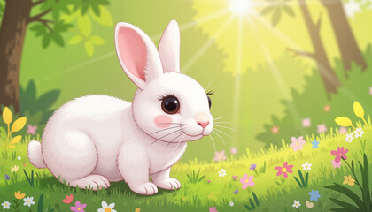 Obraz premium Cute white rabbit sitting in green grass, joyful nature scene