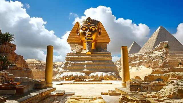 A majestic golden sphinx in a desert landscape with pyramids in the background.