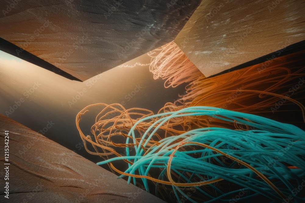 Poster abstract artwork featuring intertwined teal, orange, and pink cords within geometric brown structure