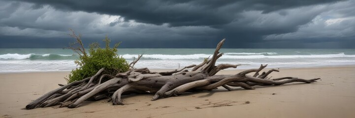 Driftwood and seaweed on the beach with a stormy sky, seaweed, stormy
