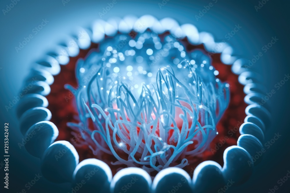 Poster microscopic view of a cell, showcasing intricate internal structures and glowing filaments.