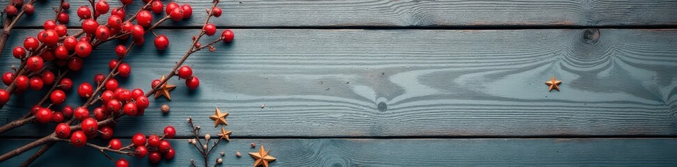 Weathered gray wood panel; twigs, berries, stars, background, holidays, craft