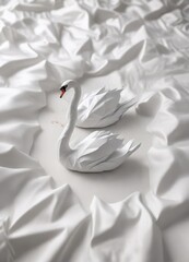 Obraz premium Elegant white swan origami decoration placed on fluffy white bedding, stylish, decoration, home interior, artistic, fancy