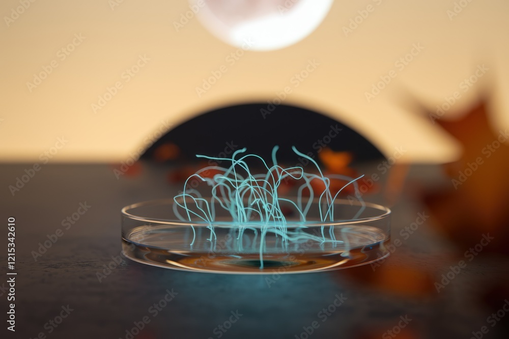 Poster glowing cyan filaments in a petri dish, possibly representing a scientific experiment or artistic ex