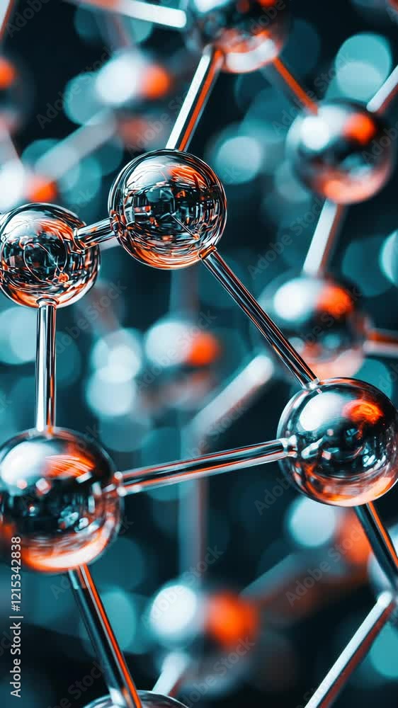 Poster close-up view of molecular structures showcasing shiny atoms and interconnected bonds in a scientifi