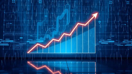 Naklejka premium High-resolution stock photo A financial growth graph with dynamic lines on a futuristic blue digital interface in natural earth tones