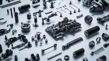 Exploded view of auto transmission parts on white background; engineering design, manufacturing