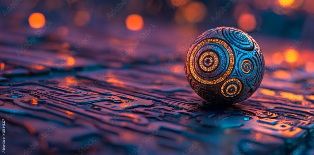 Poster a close-up of a futuristic orb that mirrors a galaxy, featuring complex circuits on its surface, whe