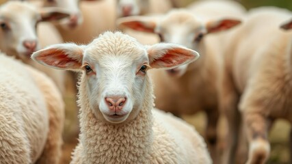 Closeup of a fluffy white sheep standing alone on a white background, animal, cute, mammal