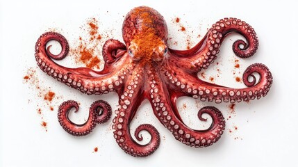 Fototapeta premium A dish of freshly grilled octopus (pulpo a la gallega) sprinkled with paprika on a white background