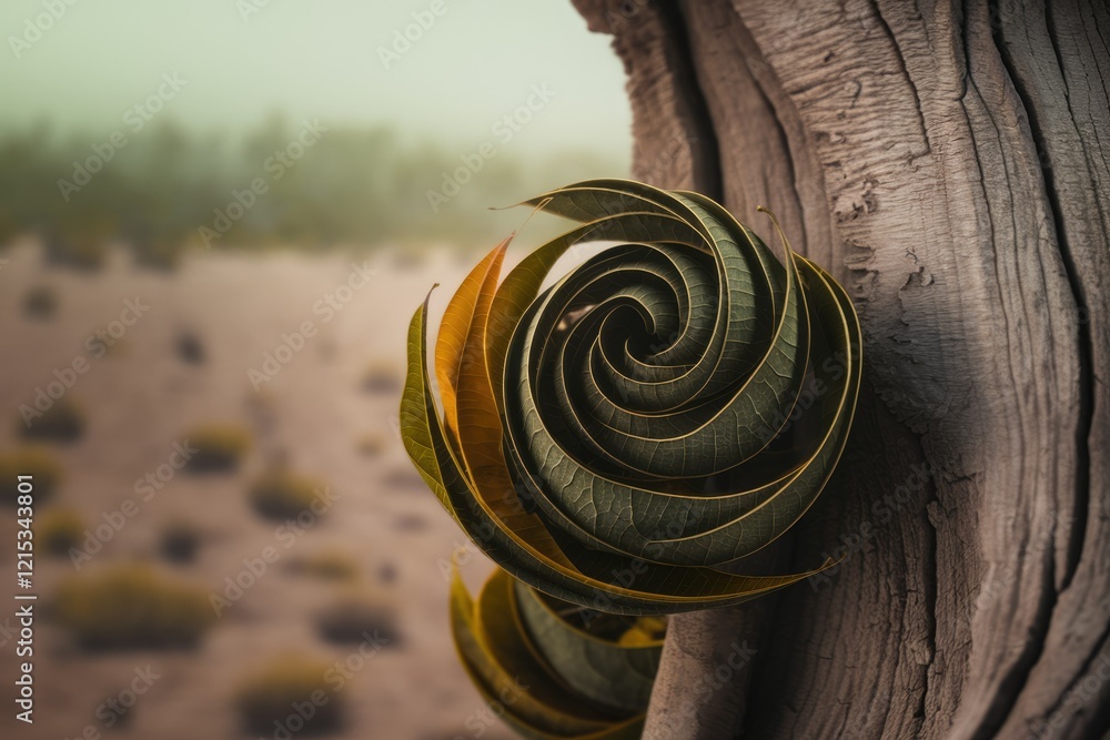 Poster leaves spiraling into a mesmerizing vortex against a rustic wooden background, creating a surreal na