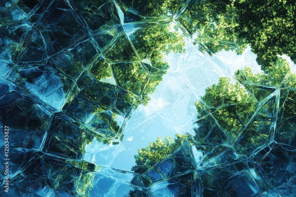 Poster intricate fractal patterns creating an abstract atmosphere nature digital art green and blue shades 
