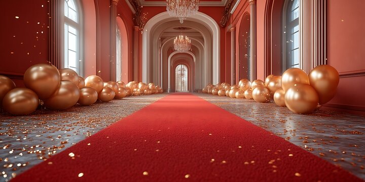 Red carpet in grand hall with gold balloons.