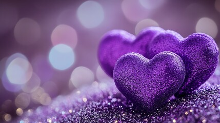 Fototapeta premium Three Glittering Purple Hearts Over Gleaming Surface with Romantic Bokeh Background : Generative AI