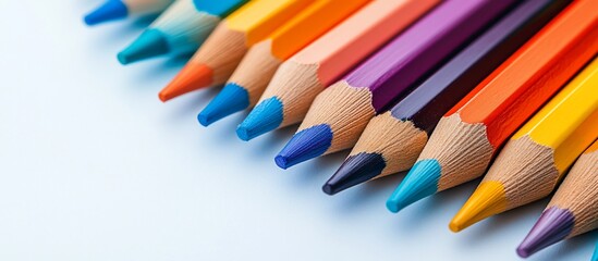 Fototapeta premium Colorful pencils arranged on white background, close-up