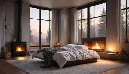Cozy bedroom with a fireplace and large windows, interior, warmth, bedroom